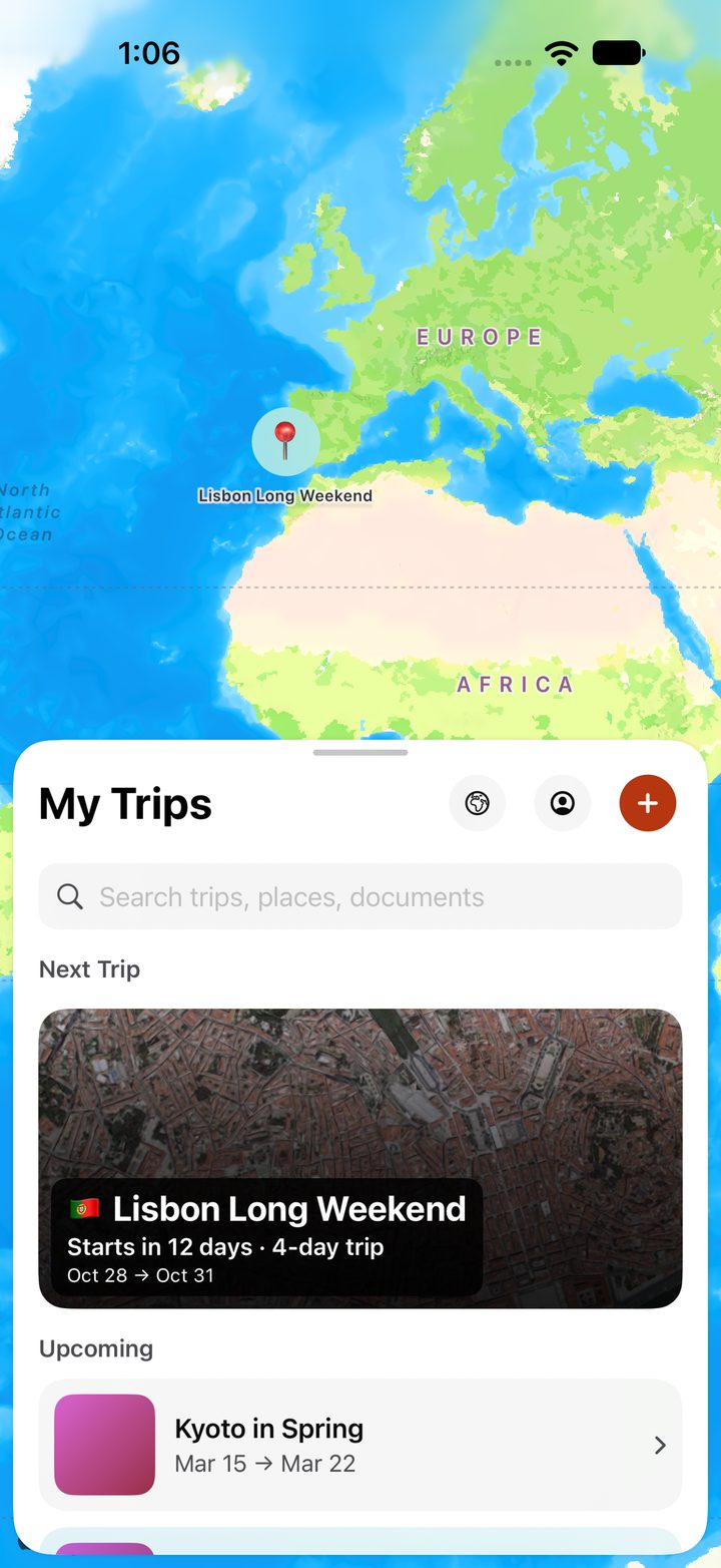 The trips list with the next trip's cover and countdown over a world map