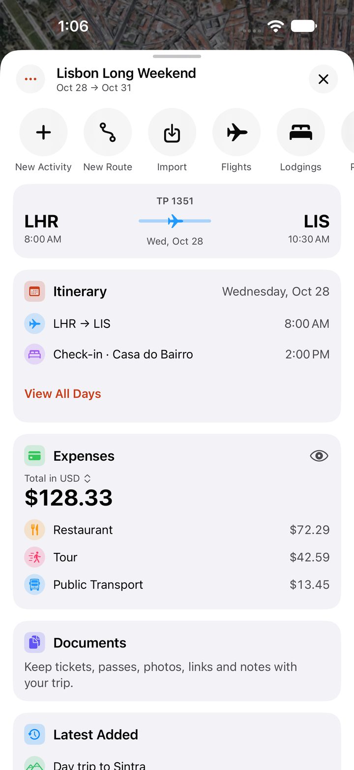 A trip dashboard: next flight, today's plans and quick actions