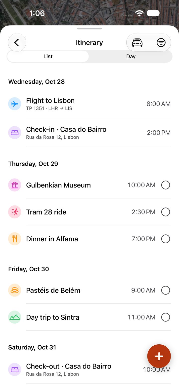 The day-by-day itinerary with flight, hotel and activities