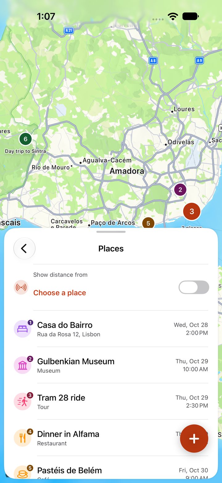 The trip's places, numbered on a map