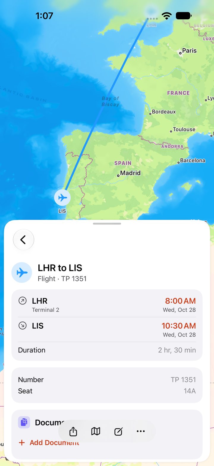 A flight with terminals, seat and duration